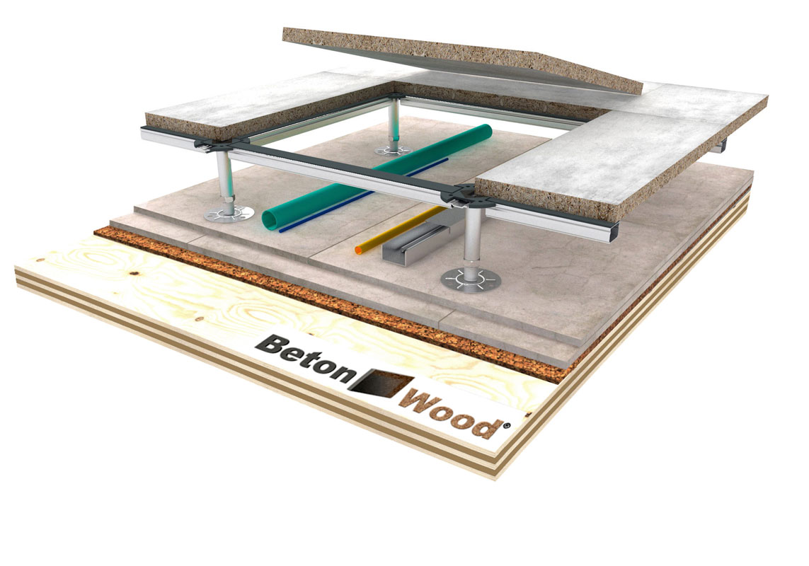 Pavimento sopraelevato in truciolare su sughero plus